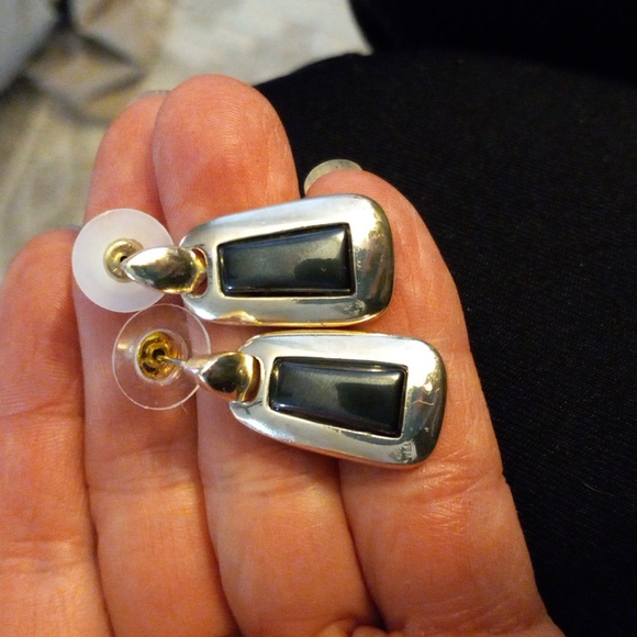 Signed Roman,Silver W/Grey Glass Drop Pierced Earrings - Picture 6 of 6